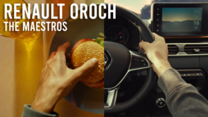 Thumbnail con la imagen del nuevo Renault Oroch con la imagen partida en dos mostrando dos realidades simultáneas: ocio y trabajo.