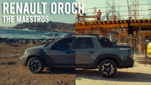 Thumbnail con la imagen del nuevo Renault Oroch con la imagen partida en dos mostrando dos realidades simultáneas: ocio y trabajo.